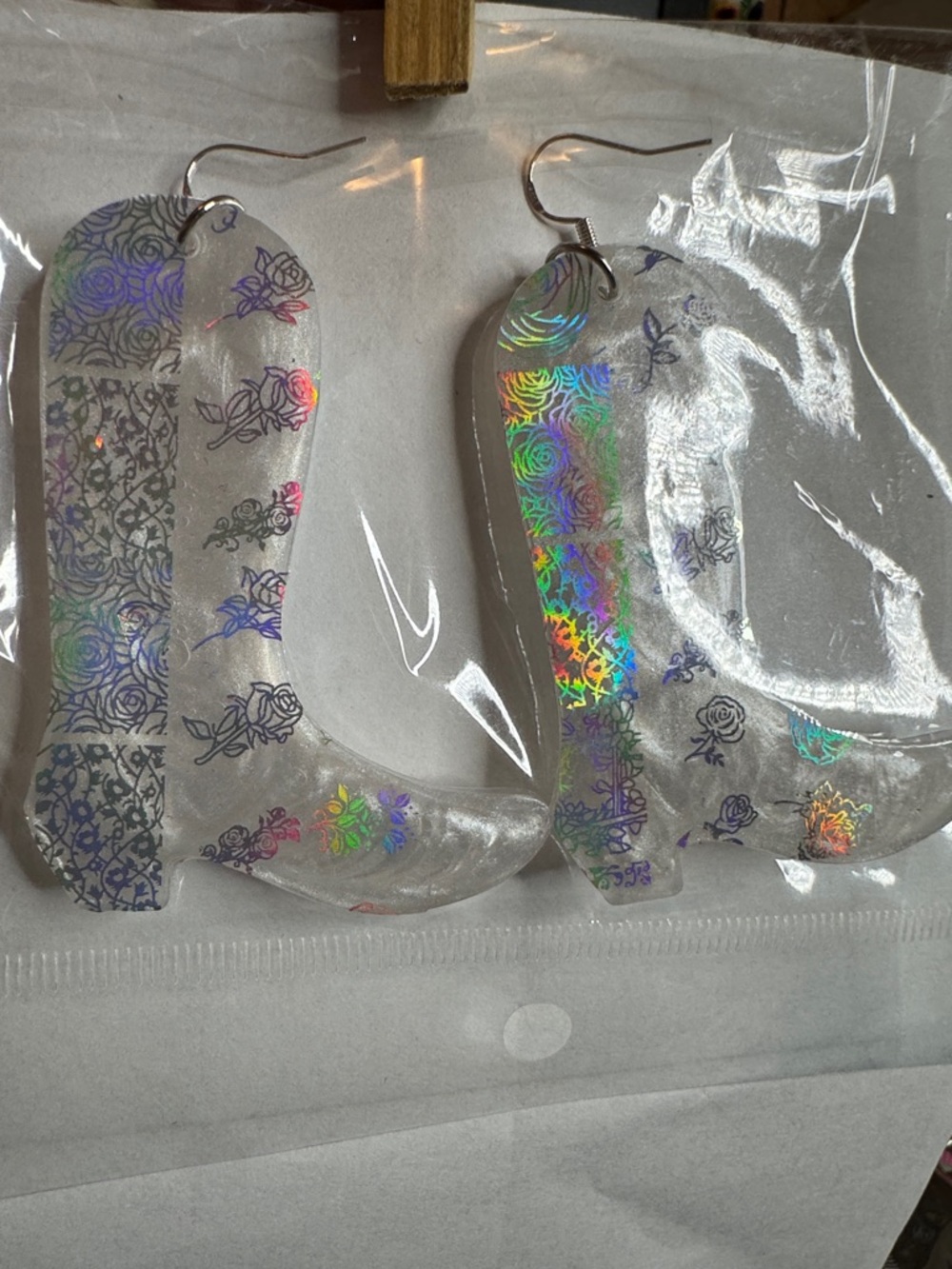 Clear Holographic Rose Pattern Acrylic Dangle Earrings